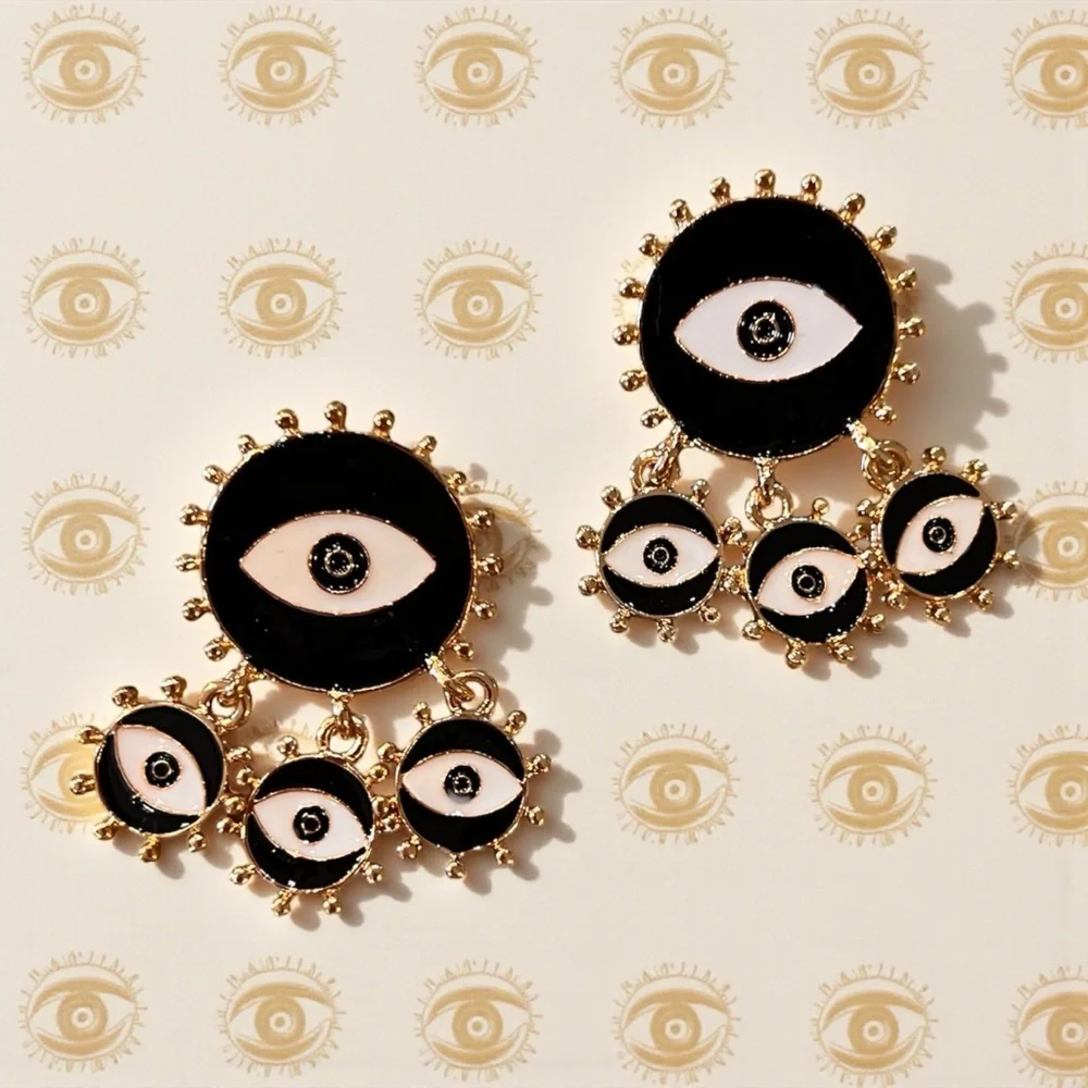 Chic Black and Gold Toned Evil Eye Dangling Earrings